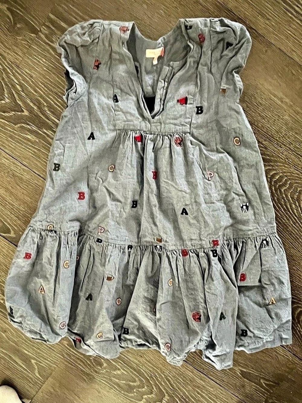 Pink Chicken New York Girls Chambray Embroidered Alphabet Dress Size 7Y